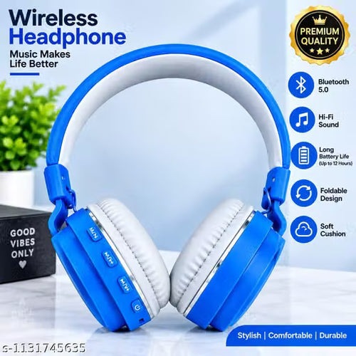 Bluetooth Wireless Headphones with Adjustable Headband, Blue & White Over-Ear Headset