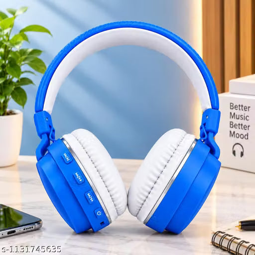 Bluetooth Wireless Headphones with Adjustable Headband, Blue & White Over-Ear Headset